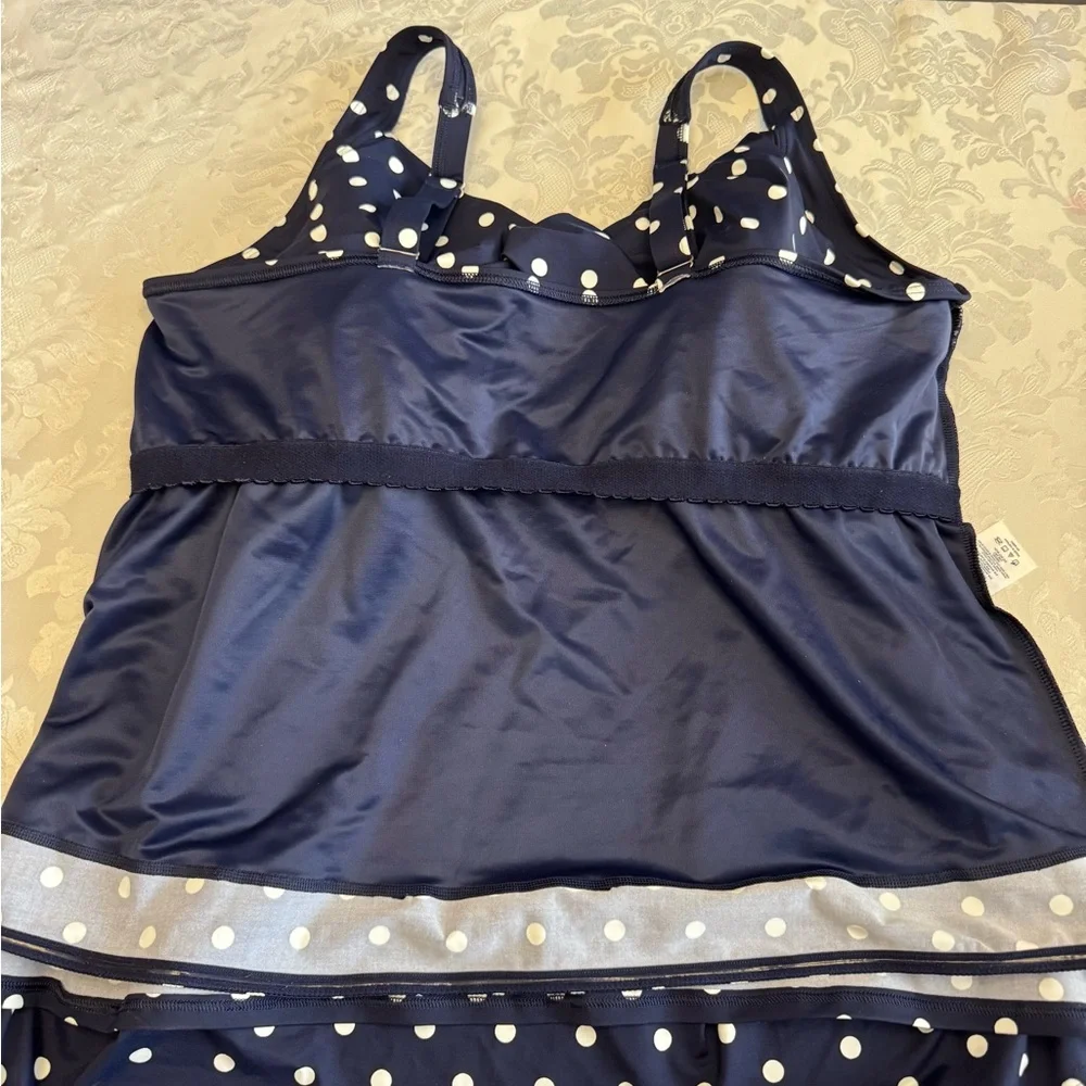 Lands’ End Sz 26W‎ Tummy Control UW Wrap Tankini Swimsuit Top Blue Polka Dot